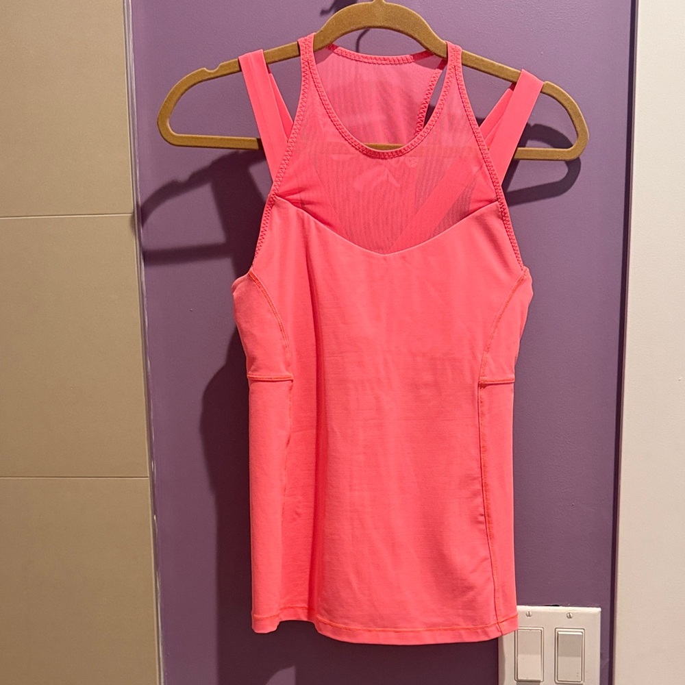 Lululemon Athletica Bright Coral Pink Tank Top Mesh neckline and Racerback